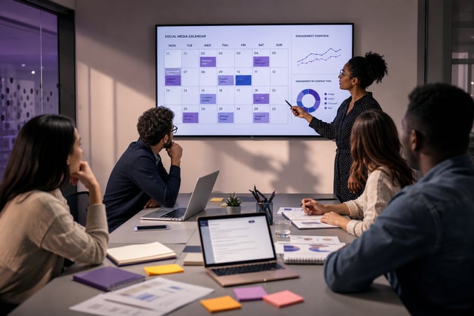 Une équipe marketing planifie sa stratégie social media autour d'une table, un grand écran affiche un calendrier éditorial et des graphiques d'engagement, avec des post-it et un ordinateur portable, dans une ambiance collaborative.