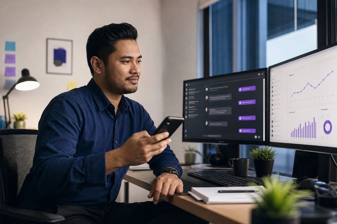Un community manager à son bureau, devant deux écrans affichant des conversations sur les réseaux sociaux en bulles de discussion et des courbes de croissance de l'audience, smartphone en main, dans une ambiance professionnelle et conviviale.