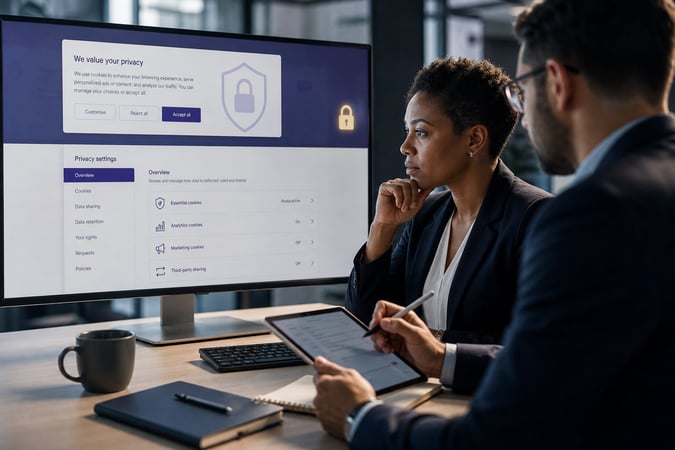 Un délégué à la protection des données examine une bannière de consentement et un tableau de bord des paramètres de confidentialité sur un grand écran, un cadenas et un bouclier lumineux à l'écran, une collègue prend des notes sur une tablette.