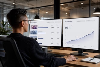 Un responsable marketing digital analyse l'effet des partages sur les réseaux sociaux sur la visibilité en recherche : un écran affiche des publications et leurs partages, l'autre un graphique de positionnement en hausse.