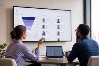 Une recruteuse et un manager examinent des profils de candidats sur un grand écran affichant un entonnoir d'attraction des candidatures, dans un bureau chaleureux et accueillant, avec des fiches candidats aux photos floutées.