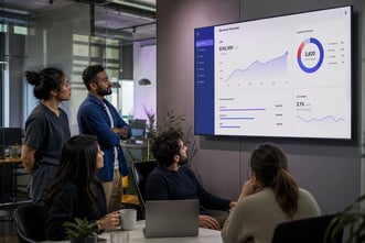 Une jeune équipe de startup SaaS dans un open space moderne, un grand écran affiche un tableau de bord CRM avec une courbe de MRR en hausse, un cycle de vie client et un indicateur de churn.