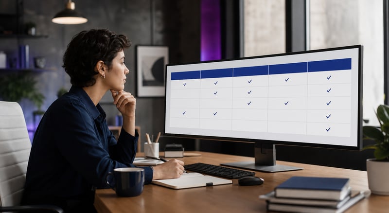 Un dirigeant compare plusieurs CRM sur un grand écran affichant un tableau comparatif à cinq colonnes avec des coches, l'air pensif, un carnet et un café sur le bureau.