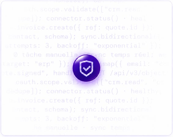 Badge bouclier coché au centre d’un mur de code estompé : oauth.scope.validate, sync.bidirectional, retry à backoff exponentiel, « 0 tâche manuelle · sync temps réel »